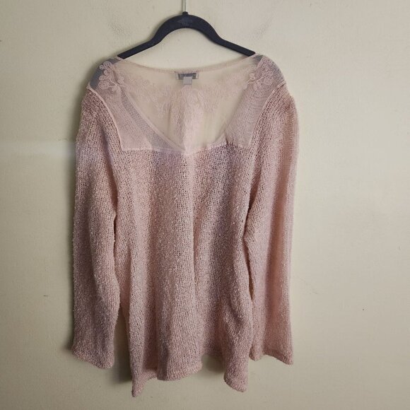 One World Pale Pink Lightweight Lace Back Mixed Media V Neck Sweater Size 2X - Picture 2 of 6